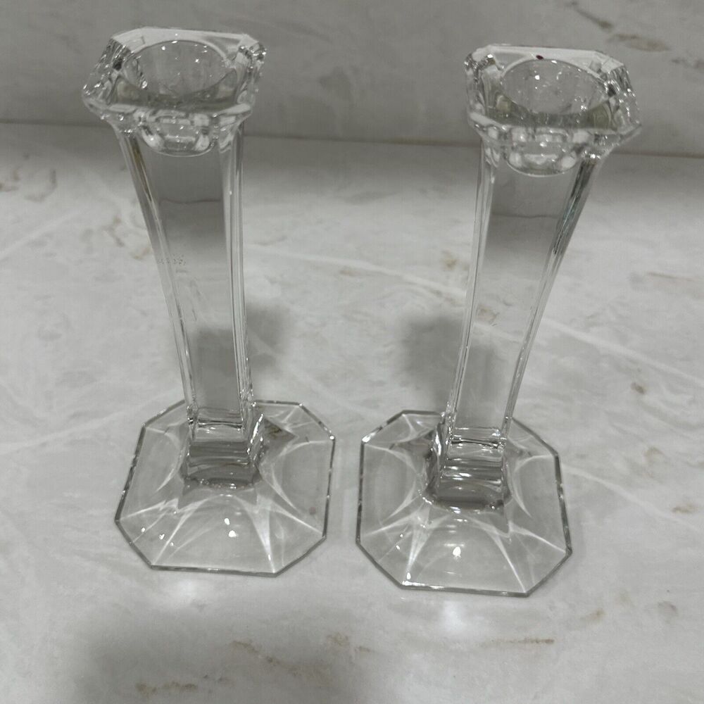 Vintage MCM Mikasa Hyde Park Clear Crystal Art Deco Taper Candle Holders Set 2 - Picture 3 of 9